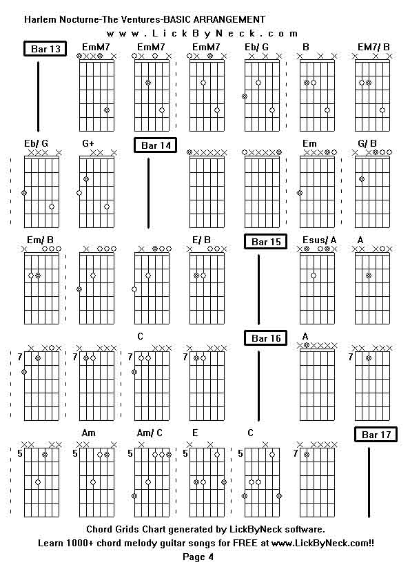 Chord Grids Chart of chord melody fingerstyle guitar song-Harlem Nocturne-The Ventures-BASIC ARRANGEMENT,generated by LickByNeck software.